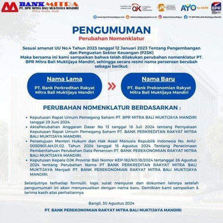 Perubahan Nomenklatur PT. BPR Mitra Bali Muktijaya Mandiri: Menuju Penguatan Identitas dan Peran dalam Perekonomian