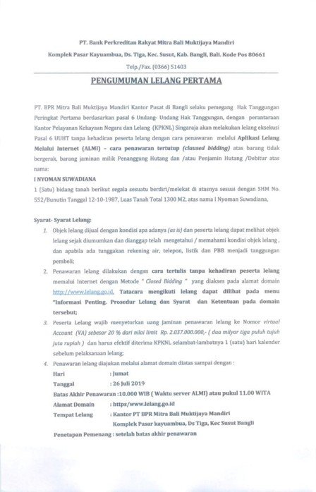 PENGUMUMAN LELANG PERTAMA